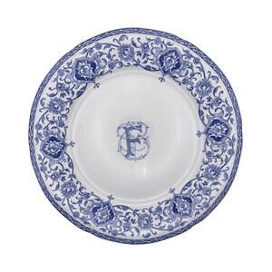 Gien France Blue & White Monogram F Dinner Plates 10.8” Set of 2